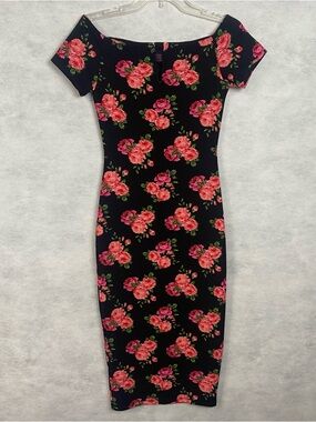 Hot Miami Styles Dress Sz Small Black Pink Off Shoulder Floral Bodycon Romantic